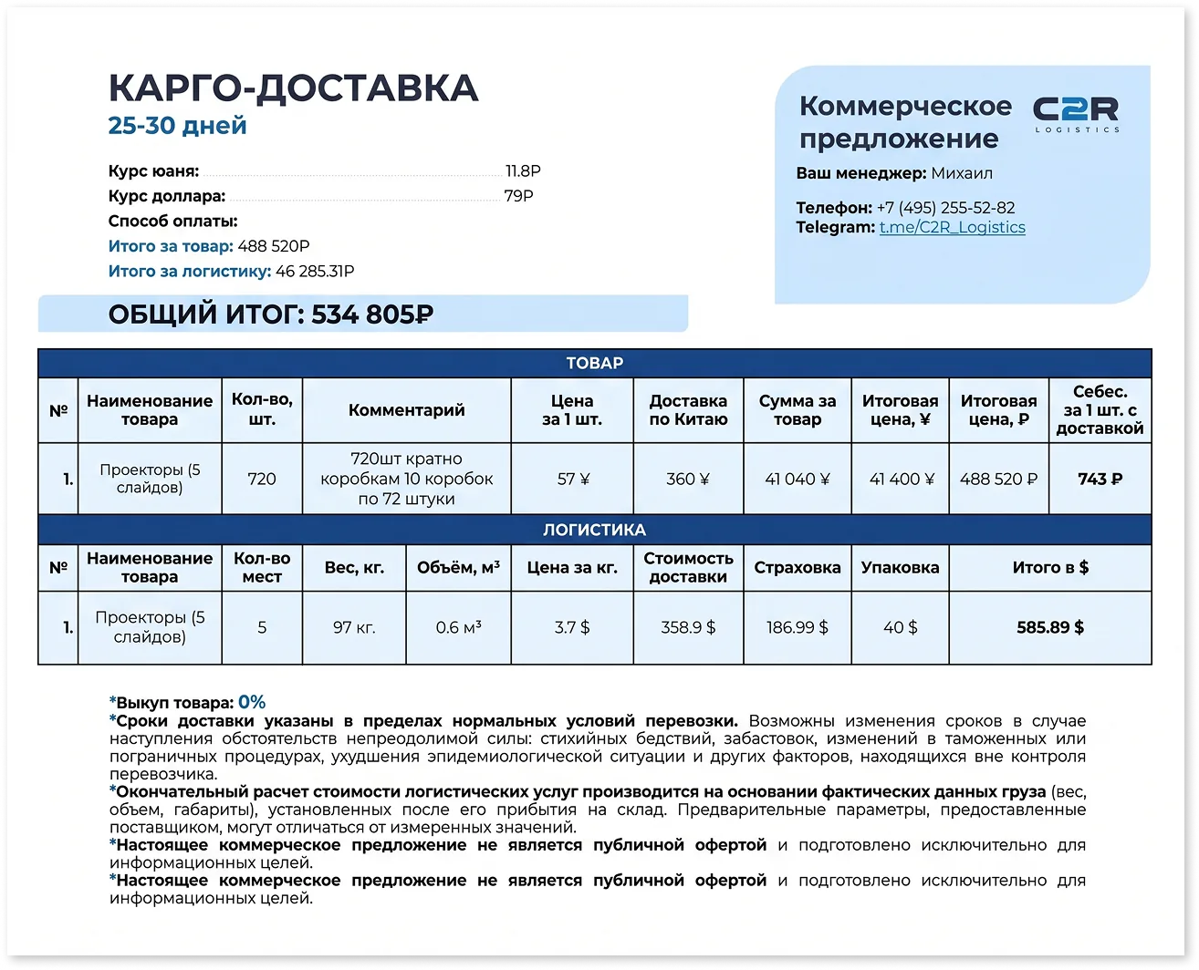 Пример коммерческого предложения C2R Logistics на карго-доставку: расчёт стоимости товара и логистики